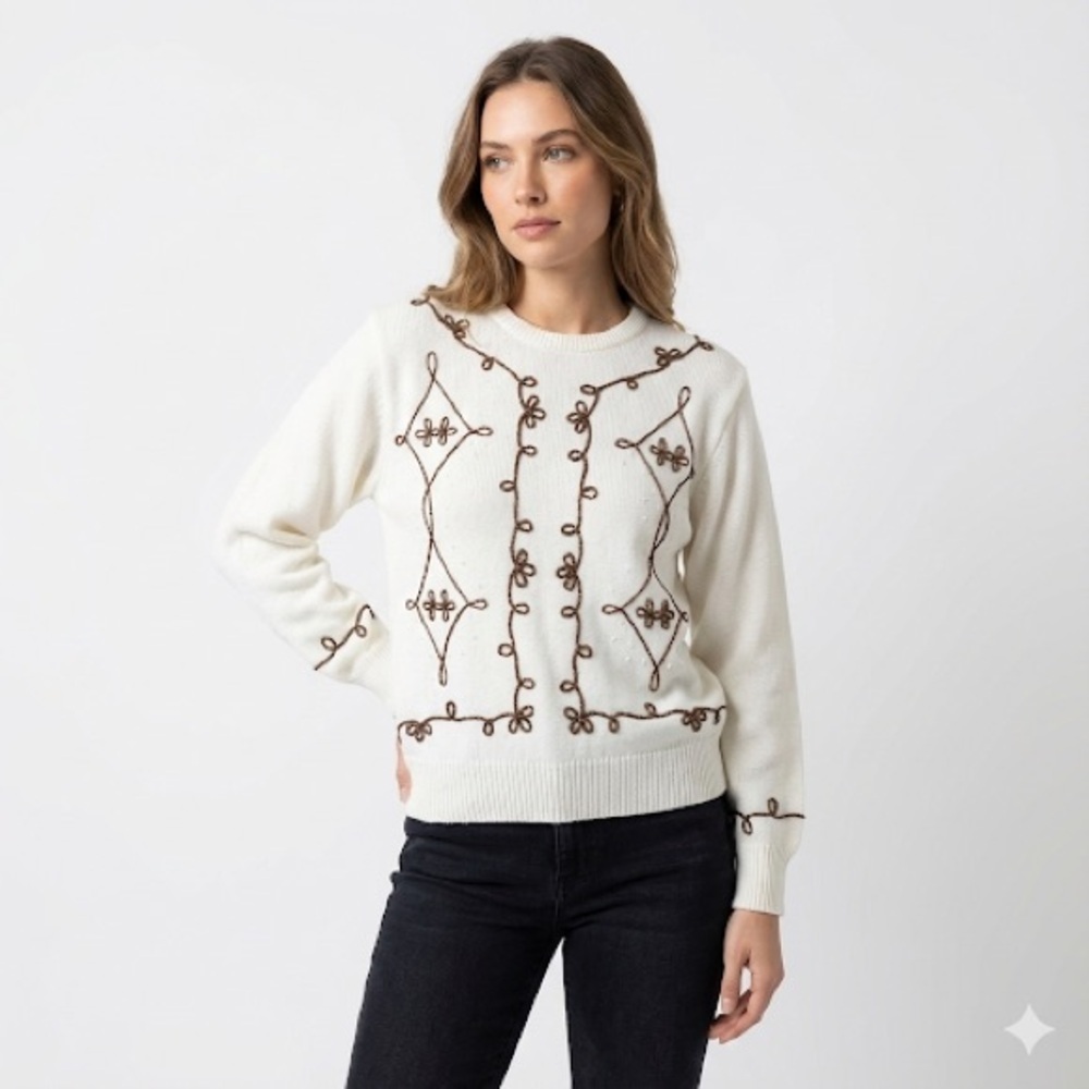 Western Connection White Brown Turtleneck Sweater Womens M Cozycore Heritage